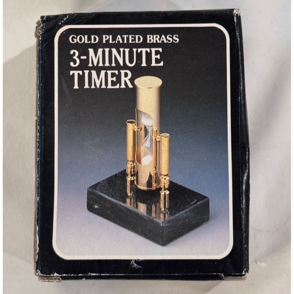 NEW Vintage Gold Plated Brass 3 Minute Timer Sand Hourglass Marbled Base Desk